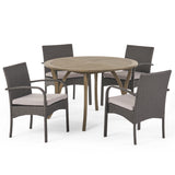 Noble House Chilton Outdoor 5 Piece Acacia Wood and Wicker Dining Set, Gray with Gray Chairs