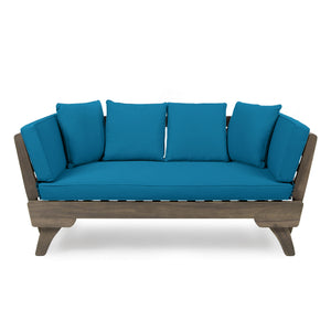 Ottavio Outdoor Acacia Wood Expandable Daybed with Water Resistant Cushions, Dark Teal and Gray Noble House