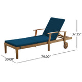 Perla Outdoor Acacia Wood 3 Piece Chaise Lounge Set with Water-Resistant Cushions, Teak and Blue Noble House