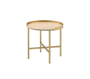 Mithea Contemporary End Table Oak Table Top & Gold Finish 82337-ACME