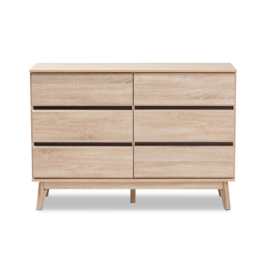 Miren Mid Century Modern Light Oak and Dark Grey 6 Drawer Dresser