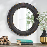 Dodds Handcrafted Boho Studded Croco Leather Round Wall Mirror, Dark Brown Noble House