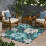 Meza Outdoor 5'3" x 7' Floral Area Rug, Blue and Green Noble House