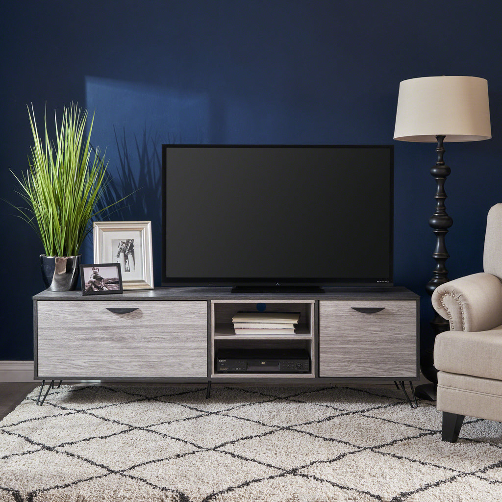 Bramhall Mid-Century Modern Two-Toned TV Stand with Hairpin Legs, Sonoma Gray, Gray Oak, and Black Noble House