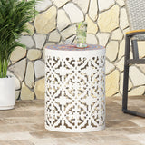 Castana Outdoor Lace Cut Side Table with Tile Top, White and Multi-Color Noble House