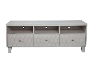 Denver TV Console with Honeycomb Design – Gray Mahogany Stand, 3 Drawers & Open Shelves for Storage