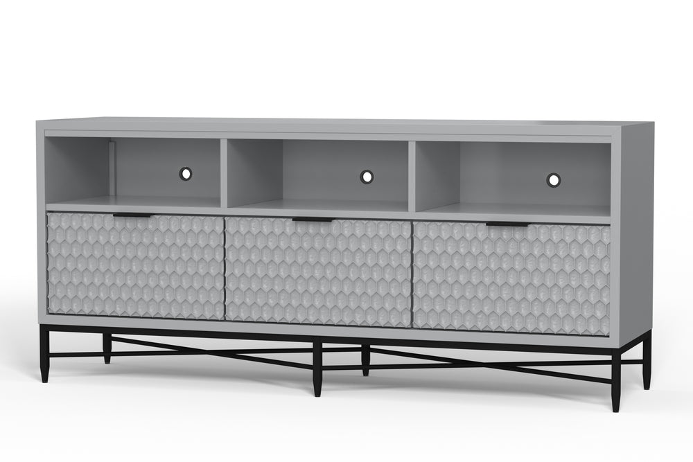 Milo TV Console in Light Slate Grey – Stylish Mahogany Storage with Textured Drawers & Open Shelves
