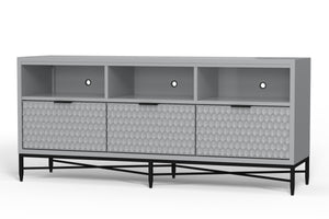 Milo TV Console in Light Slate Grey – Stylish Mahogany Storage with Textured Drawers & Open Shelves