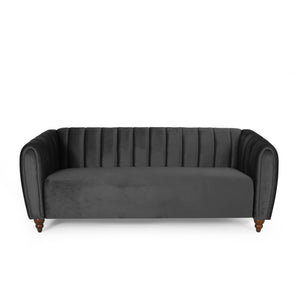 Richland Modern Glam Velvet Channel Stitch 3 Seater Sofa, Black and Walnut Noble House