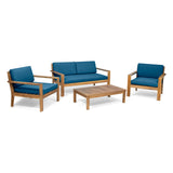 Santa Ana Outdoor 4 Seater Acacia  Wood Chat Set with Cushions, Teak and Dark Teal Noble House