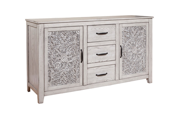 Aria Vintage Dresser with Carved Floral Design, Ample Storage & Elegant Weathered Finish