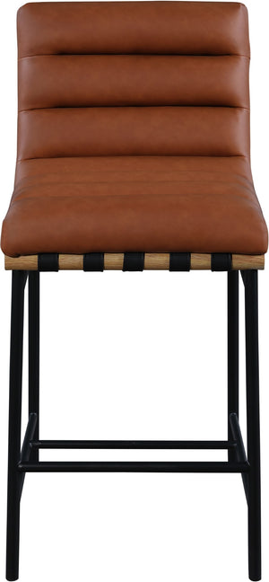 Burke Boucle Fabric / Faux Leather / Iron / Oak Veneer /  Foam Contemporary Cognac Faux Leather Counter Stool - 18" W x 23.5" D x 37" H