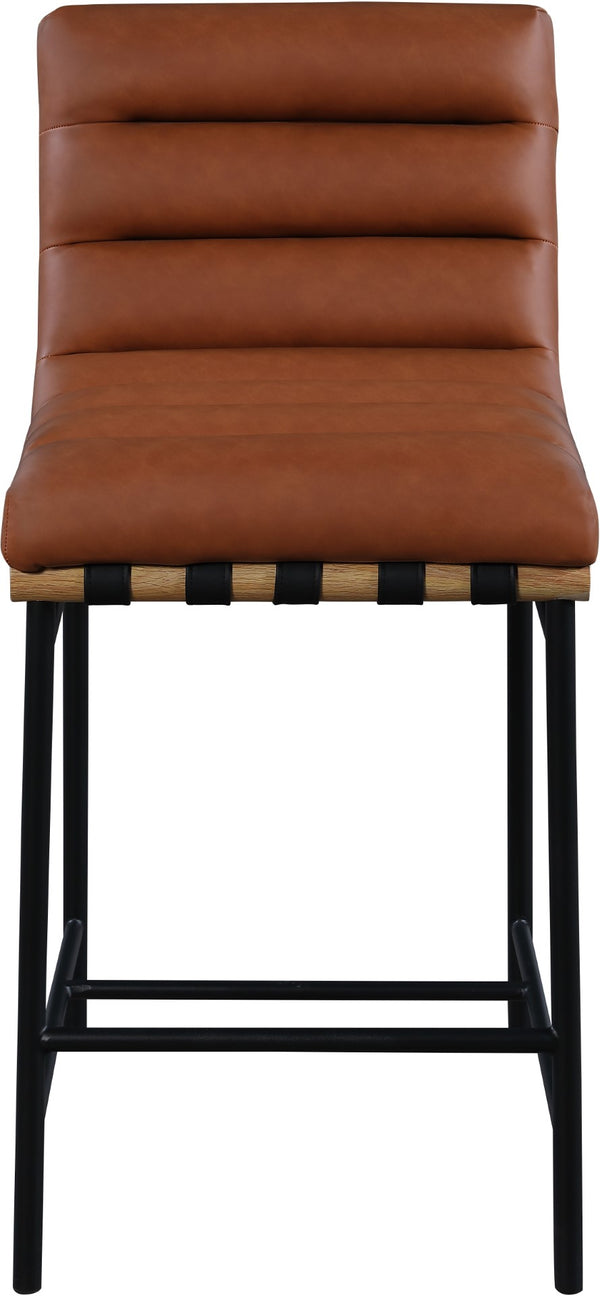 Burke Boucle Fabric / Faux Leather / Iron / Oak Veneer /  Foam Contemporary Cognac Faux Leather Counter Stool - 18" W x 23.5" D x 37" H