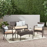 Cancun Outdoor 4 Piece Multibrown Wicker Chat Set with Dark Cream Water Resistant Fabric Cushions Noble House