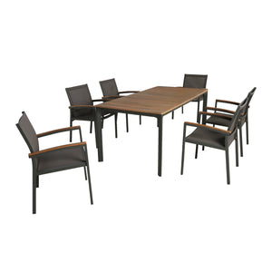 Noble House Fiddle Outdoor 7 Piece Aluminum and Mesh Dining Set with Wood Top, Natural Finish and Gray