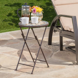 Silvester Outdoor Beige and Black Stone Side Table with Iron Frame Noble House