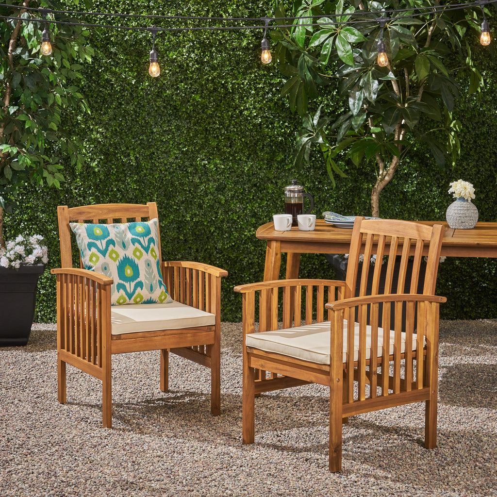Casa Acacia Patio Dining Chairs, Acacia Wood with Outdoor Cushions, Brown Patina and Cream Noble House