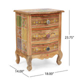 Noble House Ailey Handcrafted Boho Mango Wood 3 Drawer Nightstand, Natural and Multi-Colored