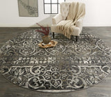 Kano Distressed Geometric FloralRug, Charcoal Gray, 8ft - 9in x 8ft - 9in Round