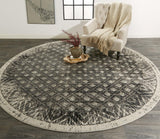 Kano Distressed Ornamental Round Rug, Diamonds, Black/Ivory, 8ft-9in x 8ft-9in