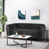 Richland Modern Glam Velvet Channel Stitch 3 Seater Sofa, Black and Walnut Noble House