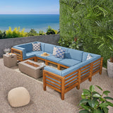 Oana Outdoor U-Shaped 8 Seater Acacia Wood Sectional Sofa Set with Fire Pit, Teak, Blue, and Light Gray Noble House