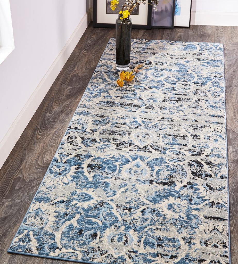 Ainsley Diamond Floral Runner, Glacier Blue, 2ft-10in x 7ft-10in