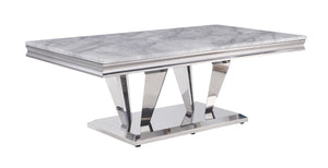 Satinka Contemporary Coffee Table TOP] Light Gray Printed Faux Marble  • BASE] Mirrored Silver Finish 87215-ACME