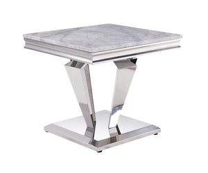 Satinka Contemporary End Table TOP] Light Gray Printed Faux Marble  • BASE] Mirrored Silver Finish 87219-ACME