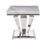 Satinka Contemporary End Table TOP] Light Gray Printed Faux Marble  • BASE] Mirrored Silver Finish 87219-ACME