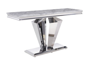 Satinka Contemporary Sofa Table TOP] Light Gray Printed Faux Marble  • BASE] Mirrored Silver Finish 87223-ACME