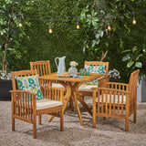 Casa Acacia Patio Dining Set, 4-Seater, 36" Square Table with X-Legs, Teak Finish, Cream Outdoor Cushions Noble House