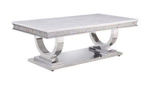 Zander Contemporary Coffee Table TOP] White Printed Faux Marble  • BASE] Mirrored Silver Finish 87355-ACME