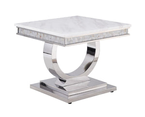 Zander Contemporary Sofa Table TOP] White Printed Faux Marble  • BASE] Mirrored Silver Finish 87359-ACME