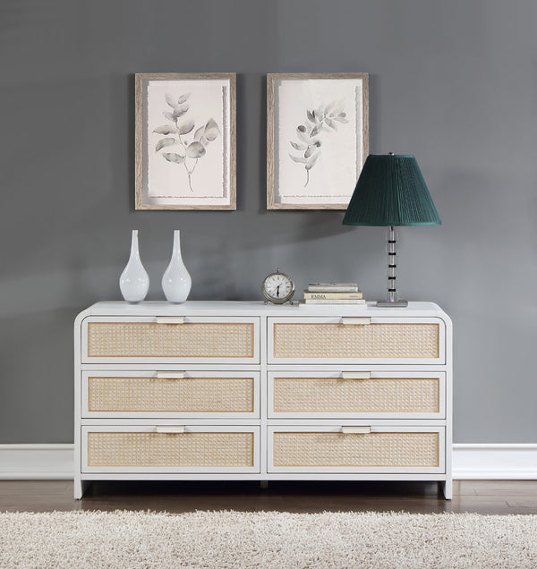 Sage Ash Veneer / Natural Cane / Rubberwood / Metal Contemporary White Dresser - 60" W x 18" D x 30" H