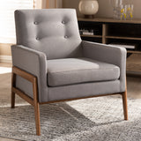 Baxton Studio Perris Mid-Century Modern Grey Fabric Upholstered Walnut Wood Lounge Chair