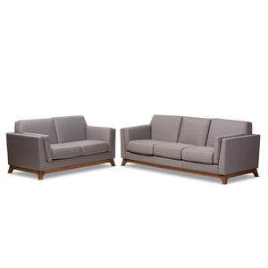 Baxton Studio Sava Mid-Century Modern Grey Fabric Upholstered Walnut Wood 2-Piece Living Room Set