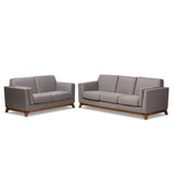 Sava Mid-Century Modern Grey Fabric Upholstered Walnut Wood 2-Piece Living Room Set