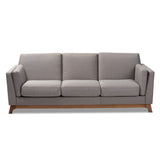 Baxton Studio Sava Mid-Century Modern Grey Fabric Upholstered Walnut Wood 3-Seater Sofa