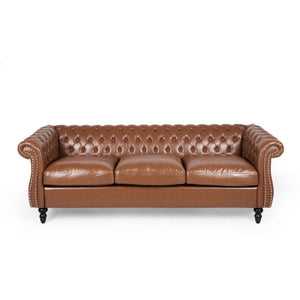 Somerville Chesterfield Tufted Sofa with Scroll Arms, Cognac Brown and Dark Brown Noble House