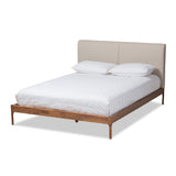 Aveneil Mid-Century Modern Beige Fabric Upholstered Walnut Finished Queen Size Platform Bed