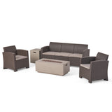 Mercier Outdoor 5-Seater Faux Wicker Chat Set with Fire Pit and Tank Holder, Brown, Mixed Beige ,and Light Gray