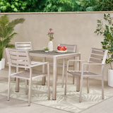 Noble House Cape Coral Outdoor Modern 4 Seater Aluminum Dining Set with Wicker Table Top, Silver and Gray