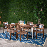 Noble House Jackson Outdoor Rustic Acacia Wood 7 Piece Dining Set, Brown and White