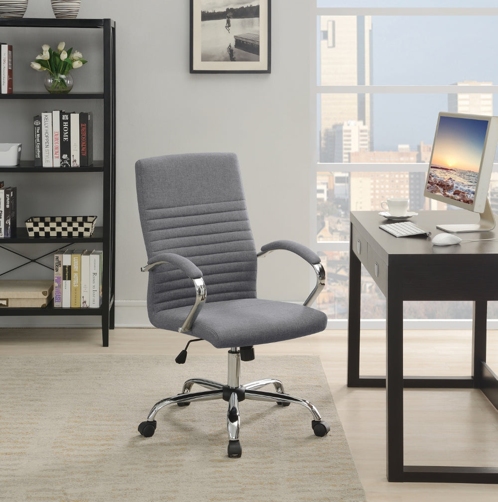 Contemporary Ergonomic Grey Office Chair with Padded Armrests & Chrome Casters for Comfort