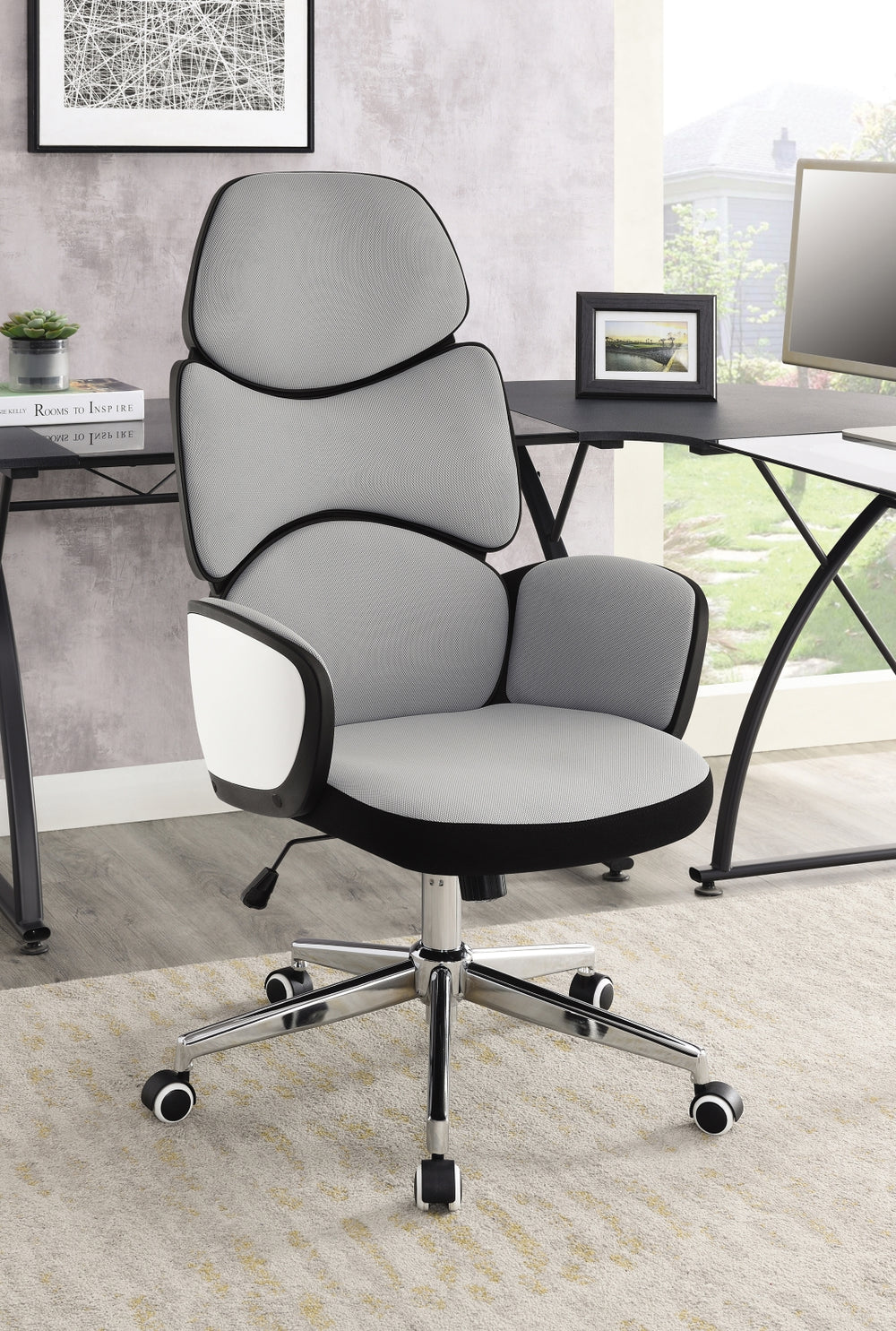 Modern Ergonomic Upholstered Office Chair in Light Grey with Chrome Casters for Ultimate Comfort