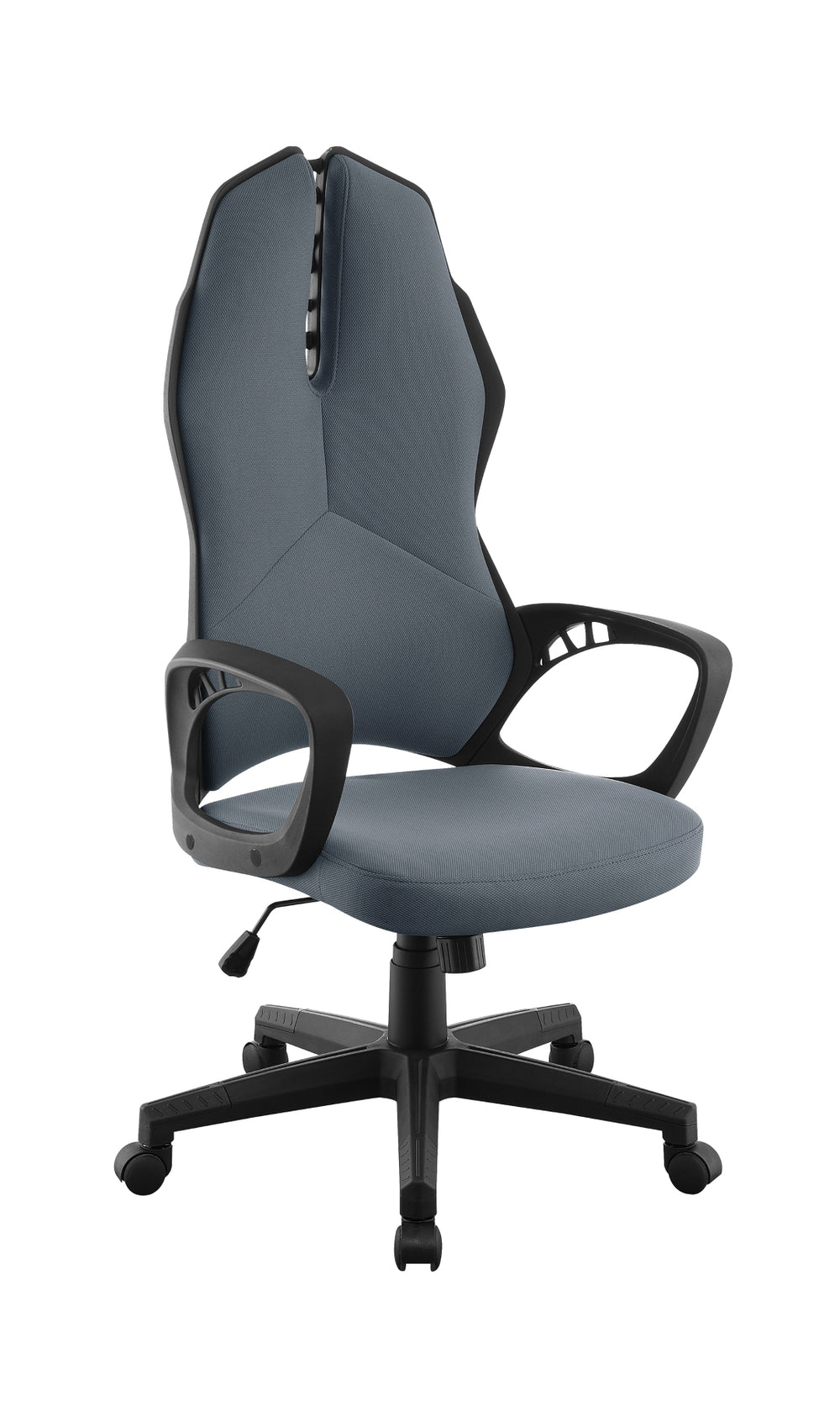 Modern Ergonomic Upholstered Office Chair in Dark Grey with Unique Backrest & Black Accents