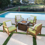 Havana Outdoor 4 Seater Teak Finished Acacia Wood Club Chairs with Green Water Resistant Cushions and Brown Fire Pit Noble House