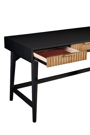 Larsen Large Black Desk with Mahogany Wood, Gold Hardware & Felt Lined Drawers for Stylish Storage