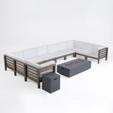Oana Outdoor U-Shaped 8 Seater Acacia Wood Sectional Sofa Set with Fire Pit, Gray, White, and Dark Gray Noble House